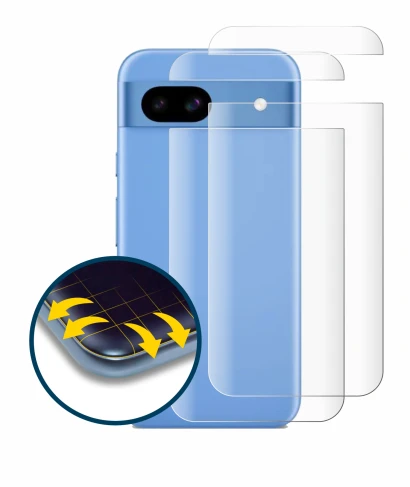 Abbildung des Geräts Google Pixel 8a (Rückseite) mit einer Vielzahl des Displayschutzes.