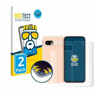 Vorderseite einer Produktverpackung mit dem Markenlogo BROTECT. Daneben ist das Gerät Google Pixel 8a (Display+Rückseite) mit 