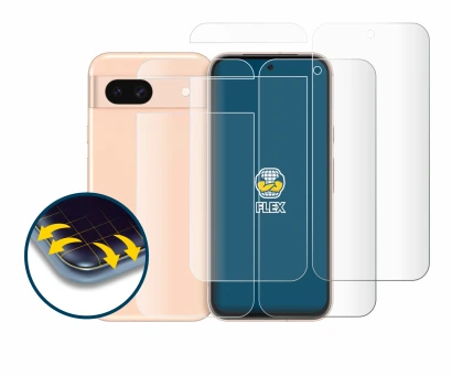 Abbildung des Geräts Google Pixel 8a (Display+Rückseite) mit einer Vielzahl des Displayschutzes.