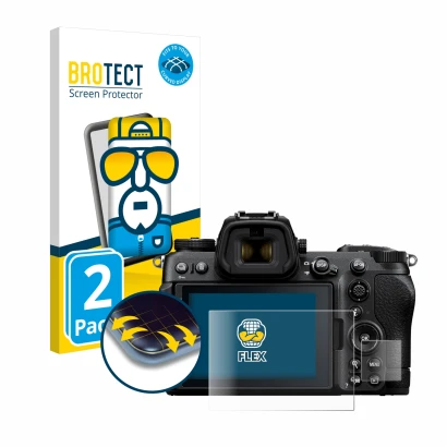 Vorderseite einer Produktverpackung mit dem Markenlogo BROTECT. Daneben ist das Gerät Nikon Z6 III mit dem zugehörigen Display