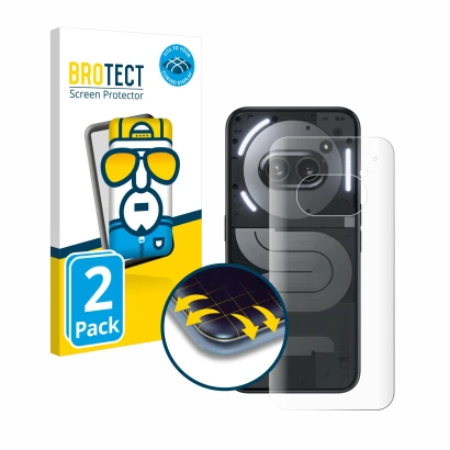Vorderseite einer Produktverpackung mit dem Markenlogo BROTECT. Daneben ist das Gerät Nothing Phone (2a) Plus (Rückseite) mit 