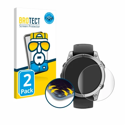 Vorderseite einer Produktverpackung mit dem Markenlogo BROTECT. Daneben ist das Gerät Garmin Fenix E mit dem zugehörigen Displ