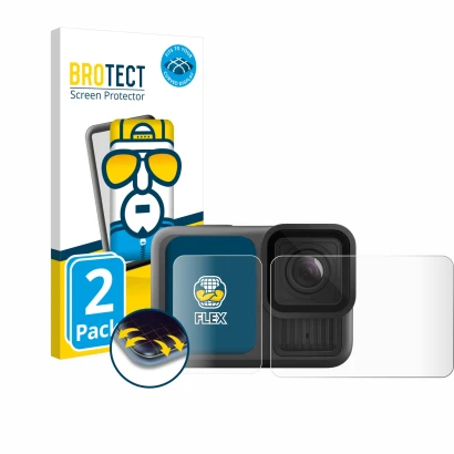 Vorderseite einer Produktverpackung mit dem Markenlogo BROTECT. Daneben ist das Gerät GoPro Hero 13 Black mit dem zugehörigen 