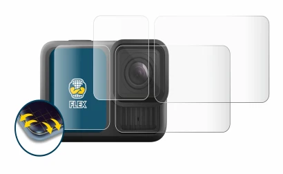 Abbildung des Geräts GoPro Hero 13 Black mit einer Vielzahl des Displayschutzes.