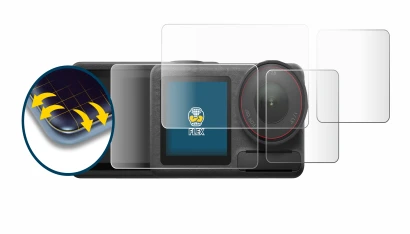 Abbildung des Geräts DJI Osmo Action 5 Pro mit einer Vielzahl des Displayschutzes.