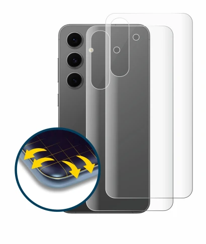 Abbildung des Geräts Samsung Galaxy S24 FE (Rückseite) mit einer Vielzahl des Displayschutzes.