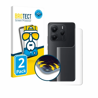 Vorderseite einer Produktverpackung mit dem Markenlogo BROTECT. Daneben ist das Gerät Xiaomi Redmi Note 14 (Rückseite) mit dem