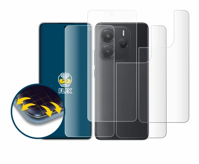 Abbildung des Geräts Xiaomi Redmi Note 14 (Display+Rückseite) mit einer Vielzahl des Displayschutzes.