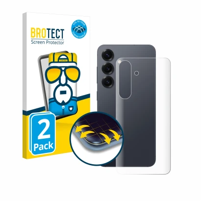Vorderseite einer Produktverpackung mit dem Markenlogo BROTECT. Daneben ist das Gerät Samsung Galaxy S25 (Rückseite) mit dem z