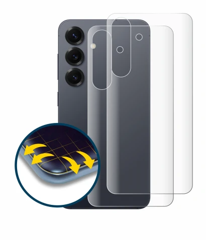 Abbildung des Geräts Samsung Galaxy S25 (Rückseite) mit einer Vielzahl des Displayschutzes.