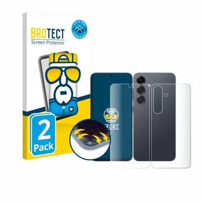 Vorderseite einer Produktverpackung mit dem Markenlogo BROTECT. Daneben ist das Gerät Samsung Galaxy S25 (Display+Rückseite) m