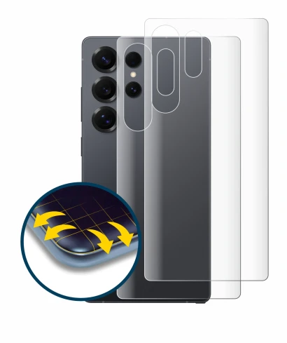 Abbildung des Geräts Samsung Galaxy S25 Ultra Enterprise Edition (Rückseite) mit einer Vielzahl des Displayschutzes.