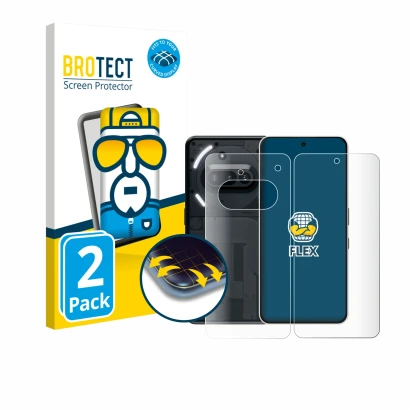 Vorderseite einer Produktverpackung mit dem Markenlogo BROTECT. Daneben ist das Gerät Nothing Phone (3a) (Display+Rückseite) m