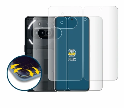 Abbildung des Geräts Nothing Phone (3a) (Display+Rückseite) mit einer Vielzahl des Displayschutzes.