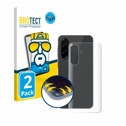 Vorderseite einer Produktverpackung mit dem Markenlogo BROTECT. Daneben ist das Gerät Samsung Galaxy A36 5G (Rückseite) mit de