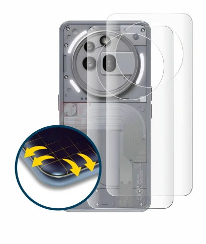 Abbildung des Geräts Nothing Phone (3a) Pro (Rückseite) mit einer Vielzahl des Displayschutzes.