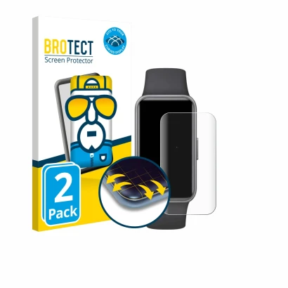 Vorderseite einer Produktverpackung mit dem Markenlogo BROTECT. Daneben ist das Gerät Huawei Band 10 mit dem zugehörigen Displ