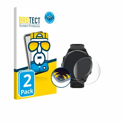 Vorderseite einer Produktverpackung mit dem Markenlogo BROTECT. Daneben ist das Gerät Garmin Forerunner 970 mit dem zugehörige