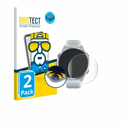 Vorderseite einer Produktverpackung mit dem Markenlogo BROTECT. Daneben ist das Gerät Garmin Forerunner 570 (42 mm) mit dem zu
