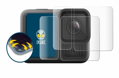 Abbildung des Geräts GoPro Hero 13 Black Ultra Wide Edition mit einer Vielzahl des Displayschutzes.