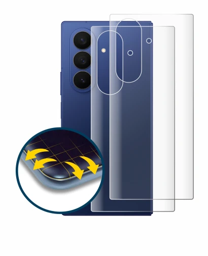 Abbildung des Geräts Samsung Galaxy Z Fold 7 (Rückseite) mit einer Vielzahl des Displayschutzes.