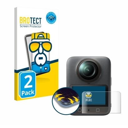 Vorderseite einer Produktverpackung mit dem Markenlogo BROTECT. Daneben ist das Gerät DJI Osmo 360 mit dem zugehörigen Display