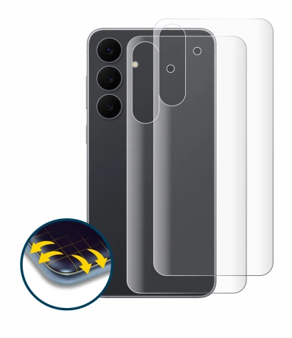 Abbildung des Geräts Samsung Galaxy S25 FE (Rückseite) mit einer Vielzahl des Displayschutzes.