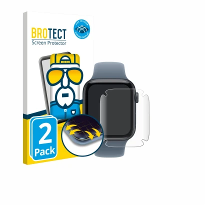 Vorderseite einer Produktverpackung mit dem Markenlogo BROTECT. Daneben ist das Gerät Apple Watch SE 3 (44 mm) mit dem zugehör