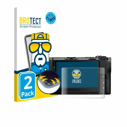 Vorderseite einer Produktverpackung mit dem Markenlogo BROTECT. Daneben ist das Gerät Nikon ZR mit dem zugehörigen Displayschu