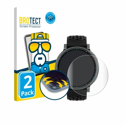 Vorderseite einer Produktverpackung mit dem Markenlogo BROTECT. Daneben ist das Gerät Amazfit Active Max mit dem zugehörigen D