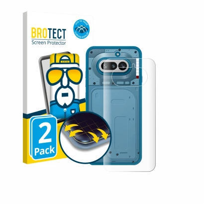 Vorderseite einer Produktverpackung mit dem Markenlogo BROTECT. Daneben ist das Gerät Nothing Phone (4a) (Rückseite) mit dem z