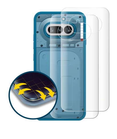 Abbildung des Geräts Nothing Phone (4a) (Rückseite) mit einer Vielzahl des Displayschutzes.