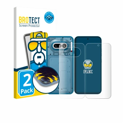 Vorderseite einer Produktverpackung mit dem Markenlogo BROTECT. Daneben ist das Gerät Nothing Phone (4a) (Display+Rückseite) m
