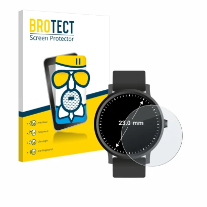 Vorderseite einer Produktverpackung mit dem Markenlogo BROTECT. Daneben ist das Gerät Armbanduhren (Kreisrund, ø: 23 mm) mit d