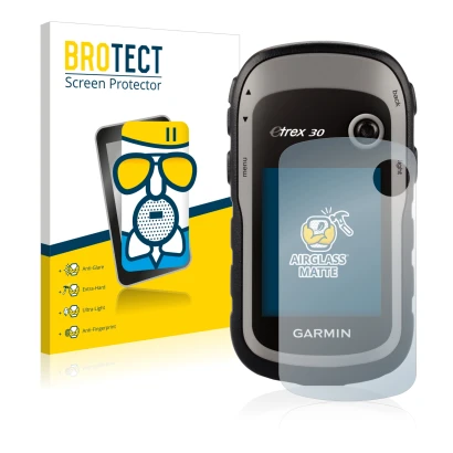 Vorderseite einer Produktverpackung mit dem Markenlogo BROTECT. Daneben ist das Gerät Garmin eTrex 30 mit dem zugehörigen Disp