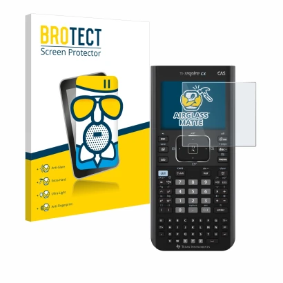 Vorderseite einer Produktverpackung mit dem Markenlogo BROTECT. Daneben ist das Gerät Texas Instruments Nspire CX CAS mit dem 