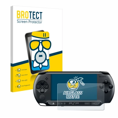 Vorderseite einer Produktverpackung mit dem Markenlogo BROTECT. Daneben ist das Gerät Sony PSP 1004 mit dem zugehörigen Displa