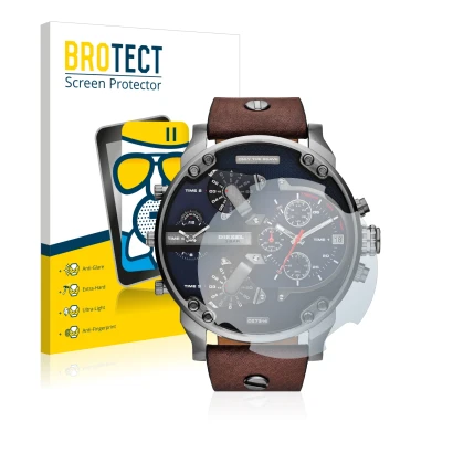 Vorderseite einer Produktverpackung mit dem Markenlogo BROTECT. Daneben ist das Gerät Diesel DZ7314 Mr. Daddy mit dem zugehöri