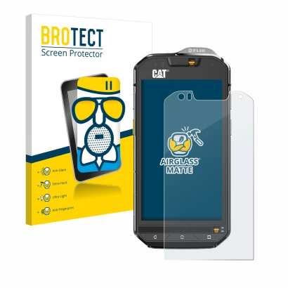 Vorderseite einer Produktverpackung mit dem Markenlogo BROTECT. Daneben ist das Gerät Caterpillar Cat S60 mit dem zugehörigen 