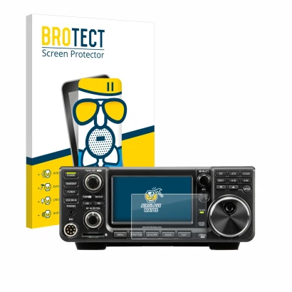 Vorderseite einer Produktverpackung mit dem Markenlogo BROTECT. Daneben ist das Gerät Icom IC-7300 mit dem zugehörigen Display