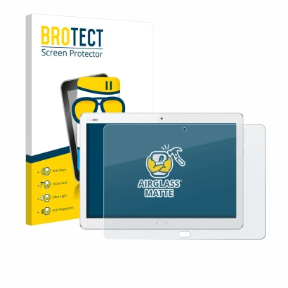 Vorderseite einer Produktverpackung mit dem Markenlogo BROTECT. Daneben ist das Gerät Huawei MediaPad M3 Lite 10.1 mit dem zug