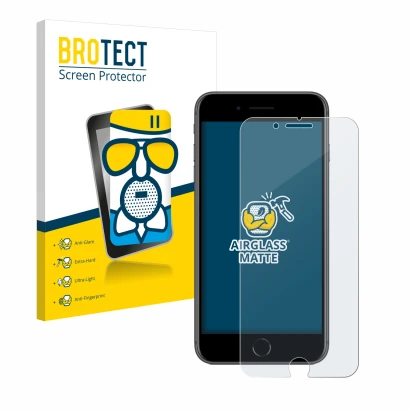 Vorderseite einer Produktverpackung mit dem Markenlogo BROTECT. Daneben ist das Gerät Apple iPhone 8 Plus mit dem zugehörigen 