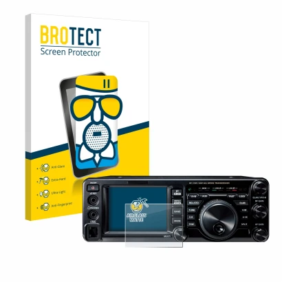 Vorderseite einer Produktverpackung mit dem Markenlogo BROTECT. Daneben ist das Gerät Yaesu FT-991A mit dem zugehörigen Displa