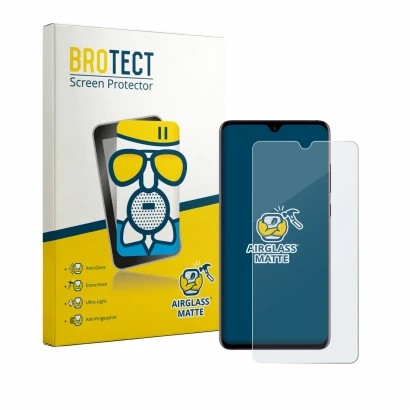 Vorderseite einer Produktverpackung mit dem Markenlogo BROTECT. Daneben ist das Gerät Huawei Mate 20 mit dem zugehörigen Displ