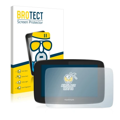 Vorderseite einer Produktverpackung mit dem Markenlogo BROTECT. Daneben ist das Gerät TomTom GO Essential (5") mit dem zugehör