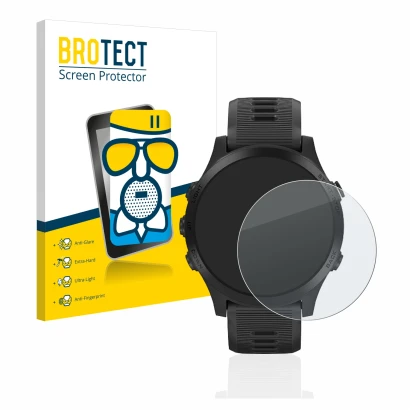 Vorderseite einer Produktverpackung mit dem Markenlogo BROTECT. Daneben ist das Gerät Garmin Forerunner 945 mit dem zugehörige