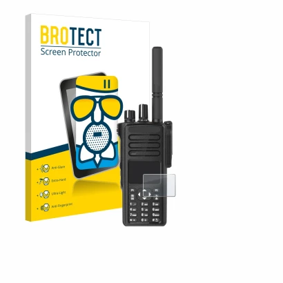 Vorderseite einer Produktverpackung mit dem Markenlogo BROTECT. Daneben ist das Gerät Motorola DP4801e mit dem zugehörigen Dis