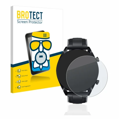 Vorderseite einer Produktverpackung mit dem Markenlogo BROTECT. Daneben ist das Gerät Huawei Watch GT 2 (46 mm) mit dem zugehö