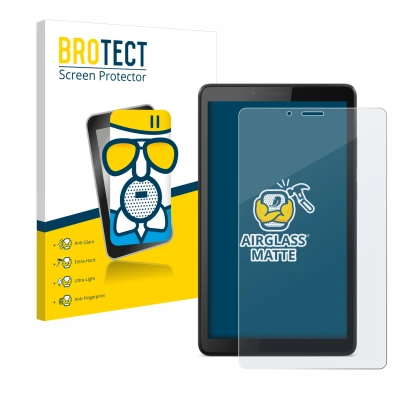 Vorderseite einer Produktverpackung mit dem Markenlogo BROTECT. Daneben ist das Gerät Lenovo Tab M7 mit dem zugehörigen Displa