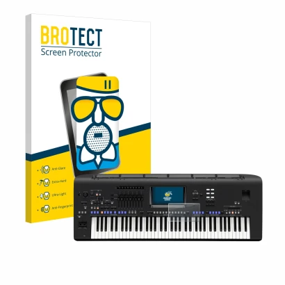 Vorderseite einer Produktverpackung mit dem Markenlogo BROTECT. Daneben ist das Gerät Yamaha Genos mit dem zugehörigen Display